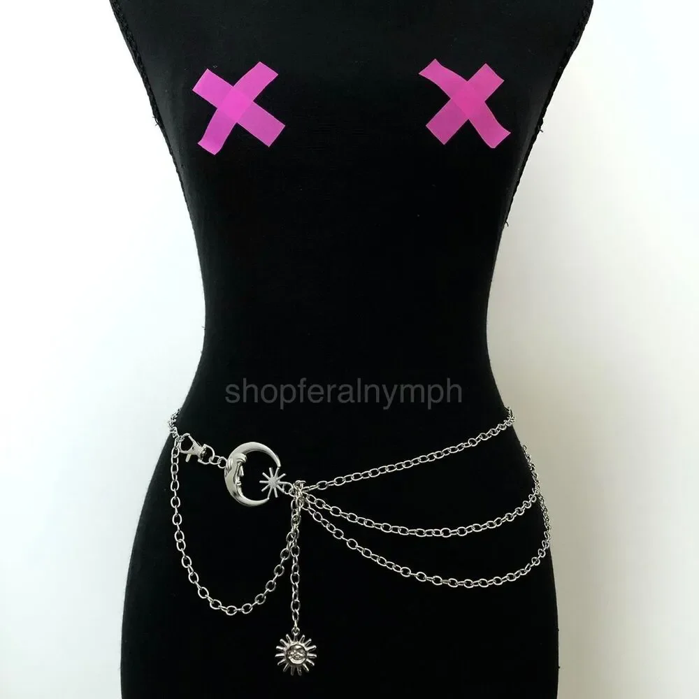 Silver Moon Sun Triple Layer Body Chain Waist Belt, Fits 15–41 Inches, X7GA1236